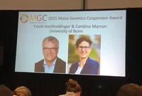 Caroline Marcon and Frank Hochholdinger received the cooperator award at the 67th maize genetics conference in St. Louis.