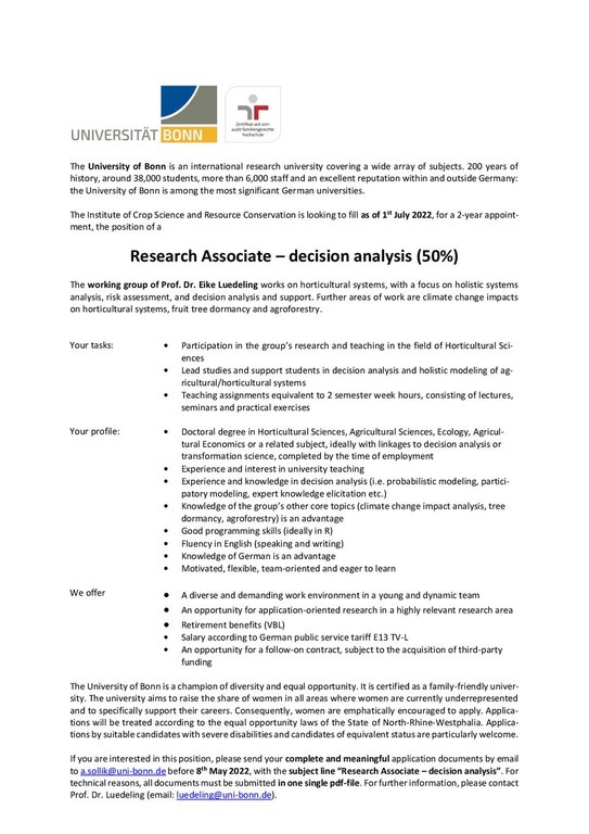 Research Associate – decision analysis (50%) 42-22-3-202