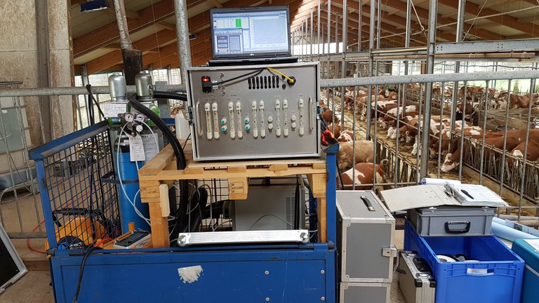 Equipment for measureing emissions inside a milking parlor.